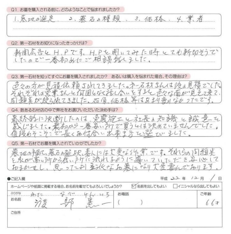 渡部様からいただいた直筆アンケート