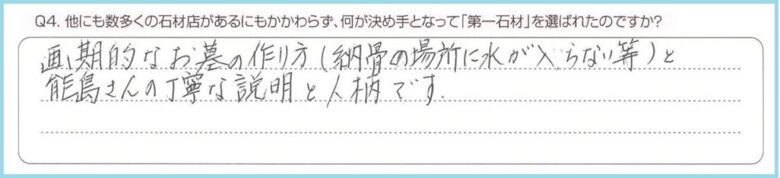 他にも数多くの石材店があるにもかかわらず、何が決め手となって「第一石材」を選ばれたのですか？