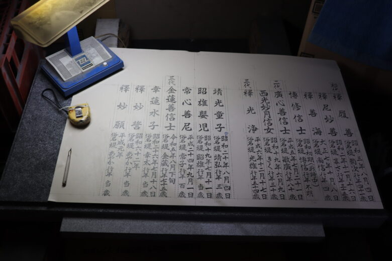 墓誌の戒名彫刻（庵治石細目、㈲宮本文字彫石材香川県高松市）。