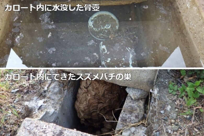 お墓のカロートの内は、水が溜まったり、ハチが巣を作ったりする
